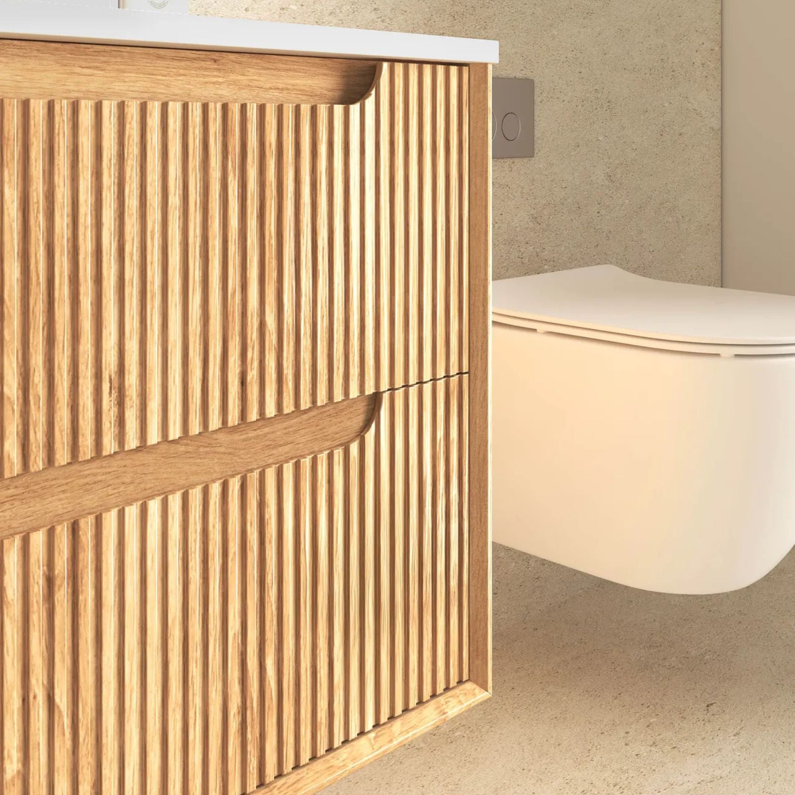 Otti Byron Fluted Woodland Oak Wall Hung Vanity with Pure White Top BYW750LSTUD-PW - The Blue Space