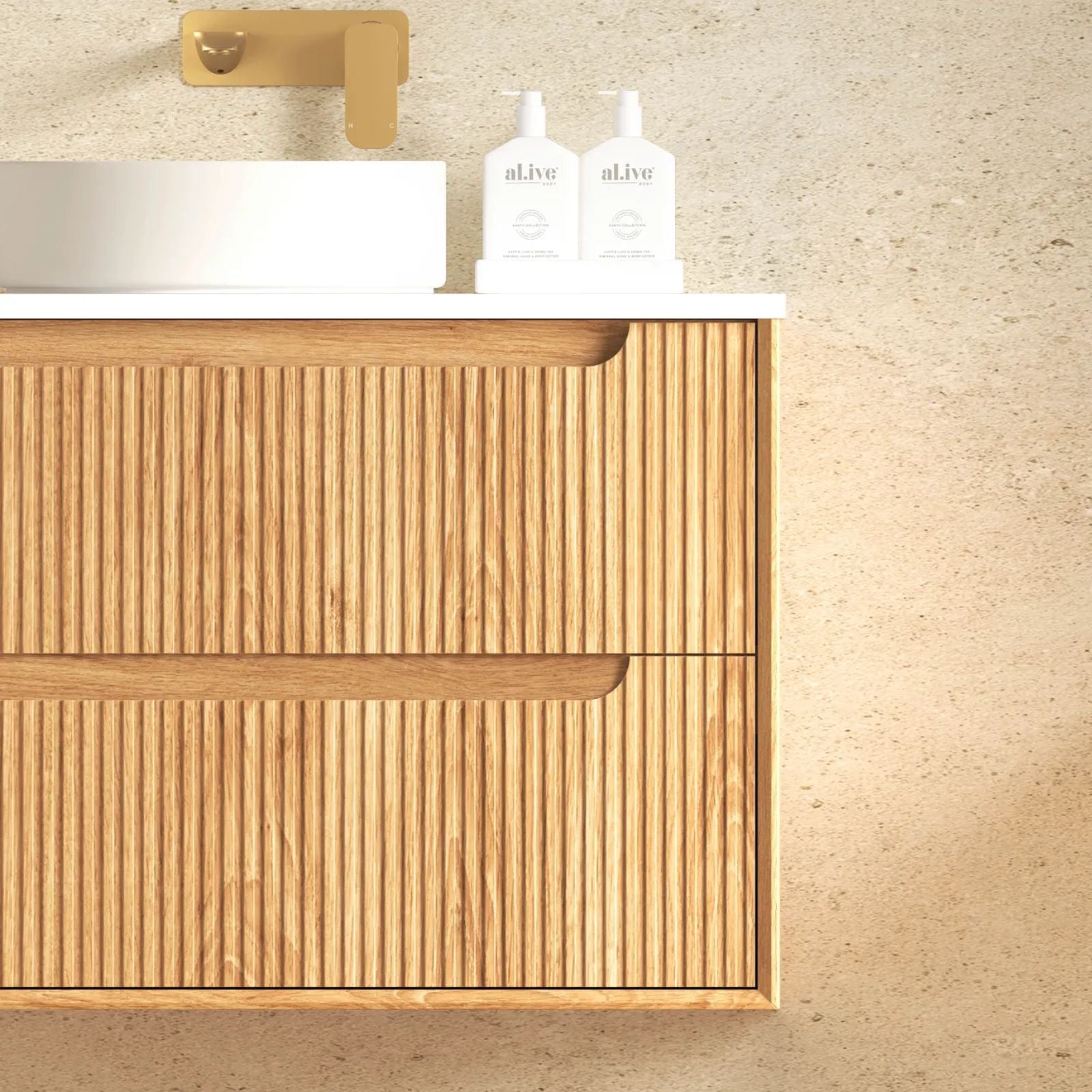 Otti Byron Fluted Woodland Oak Wall Hung Vanity with Pure White Top BYW750LSTUD-PW - The Blue Space