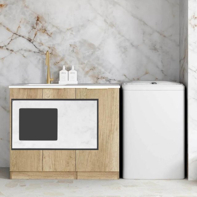 Otti Byron Natural Oak 1060mm Laundry Cabinet Set Cloudy Carrara Solid Surface LA-1060-BYN-CA-KIT | The Blue Space