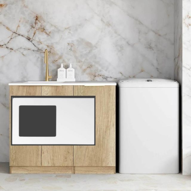 Otti Byron Natural Oak 1060mm Laundry Cabinet Set Matte White Solid Surface LA-1060-BYN-MW-KIT | The Blue Space