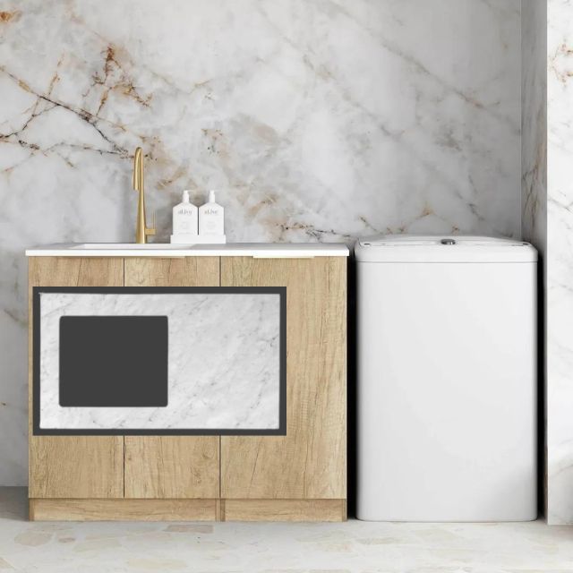 Otti Byron Natural Oak 1060mm Laundry Cabinet Set Natural Carrara Marble LA-1060-BYN-NCA-KIT | The Blue Space