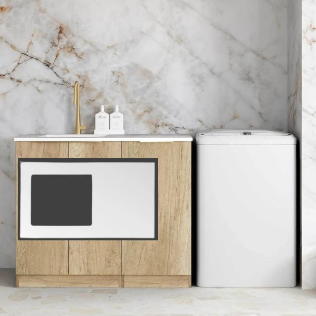 Otti Byron Natural Oak 1060mm Laundry Cabinet Set Pure White Solid Surface LA-1060-BYN-PW-KIT | The Blue Space
