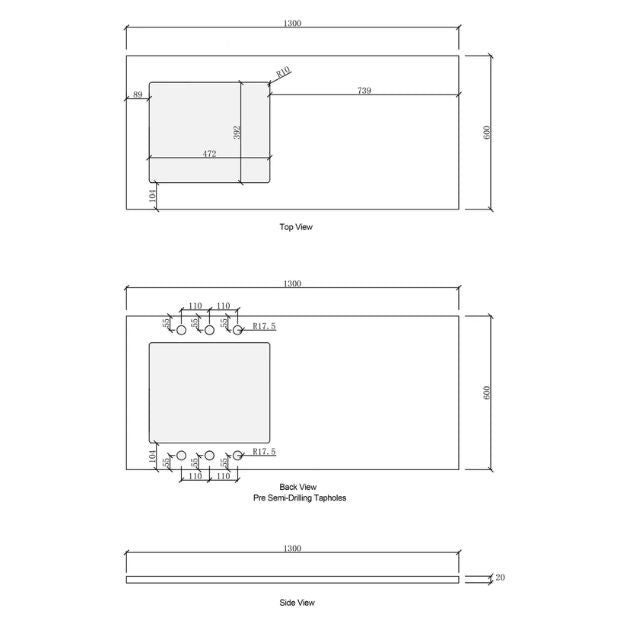 Otti Byron Natural Oak 1300mm Laundry Cabinet Set Stone Top Technical Drawing | The Blue Space
