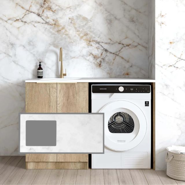 Otti Byron Natural Oak 1300mm Laundry Cabinet Set with Cloudy Carrara Solid Surface stone top LA-1300-BYN-CA-KIT | The Blue Space