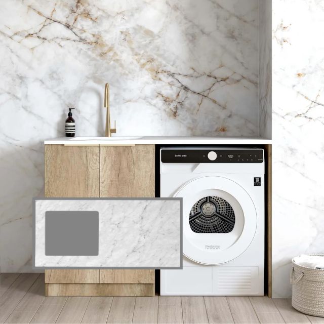 Otti Byron Natural Oak 1300mm Laundry Cabinet Set with Natural Carrara Marble stone top LA-1300-BYN-NCA-KIT | The Blue Space