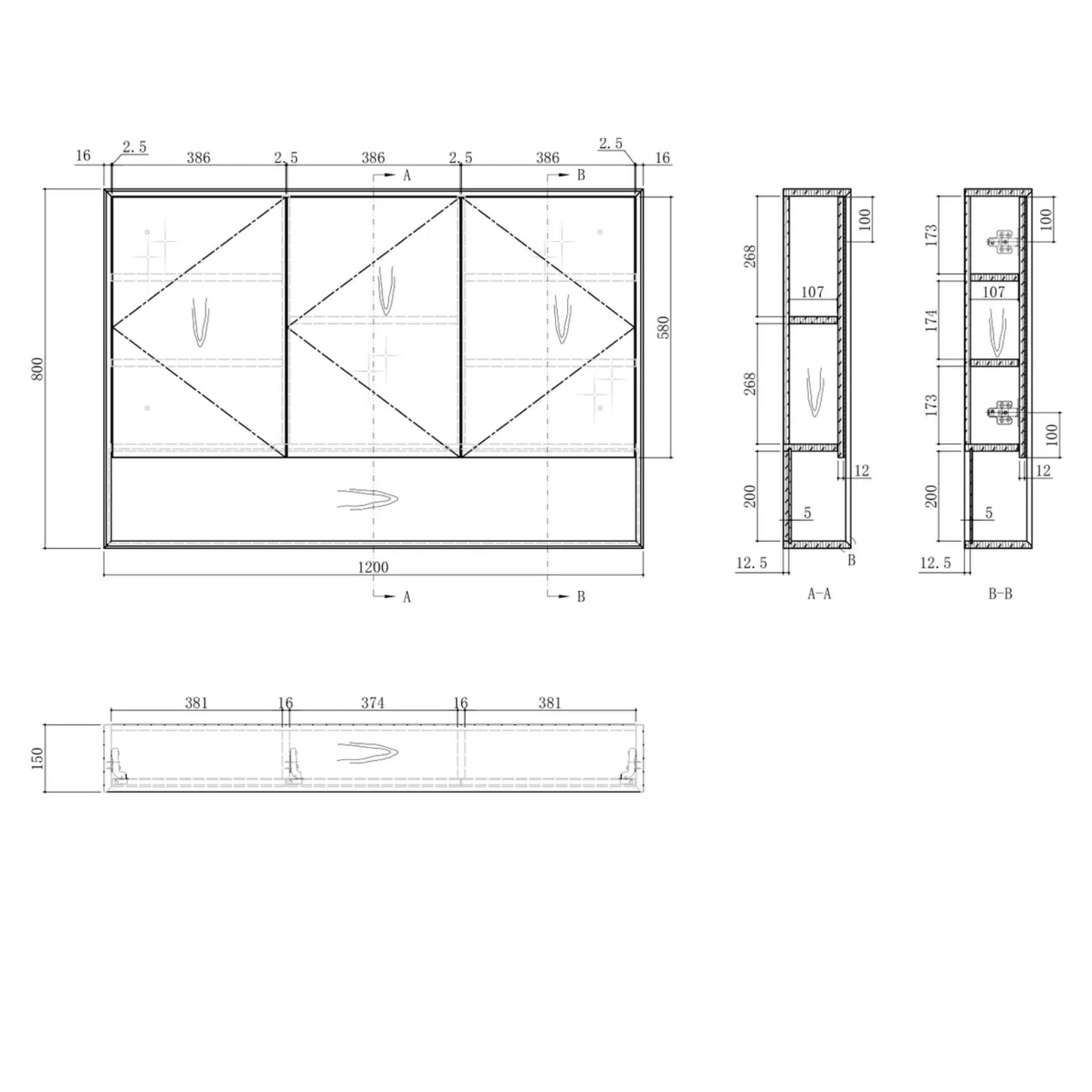 Technical Drawing Otti Byron Shaving Cabinet - Woodland Oak BYWSV1200L - The Blue Space