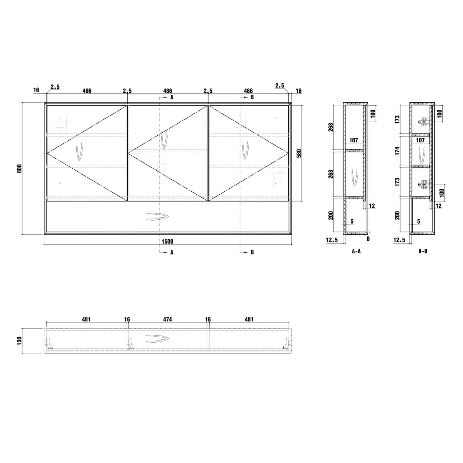 Technical Drawing Otti Byron Shaving Cabinet - Woodland Oak BYWSV1500L - The Blue Space
