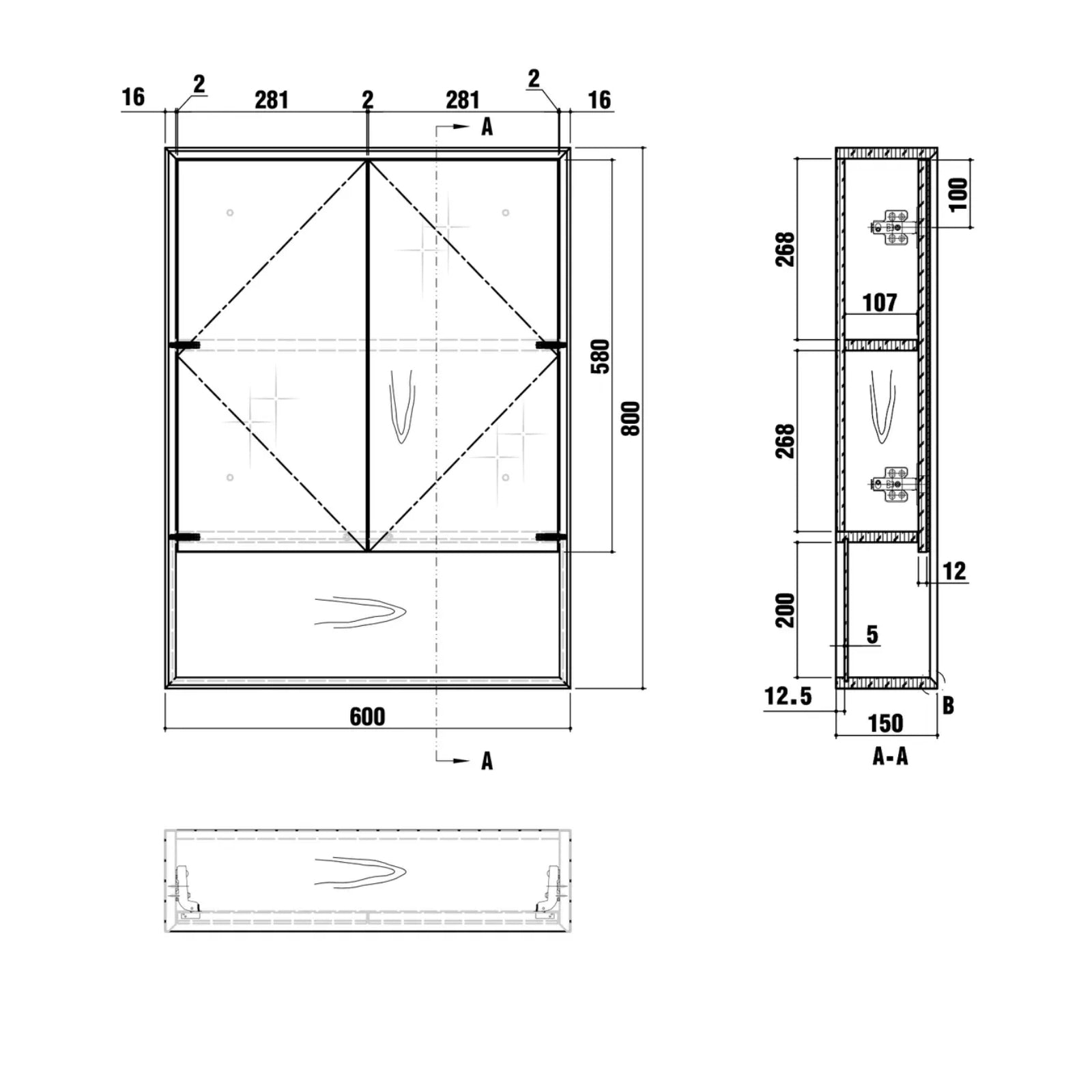 Technical Drawing Otti Byron Shaving Cabinet - Woodland Oak BYWSV600L - The Blue Space
