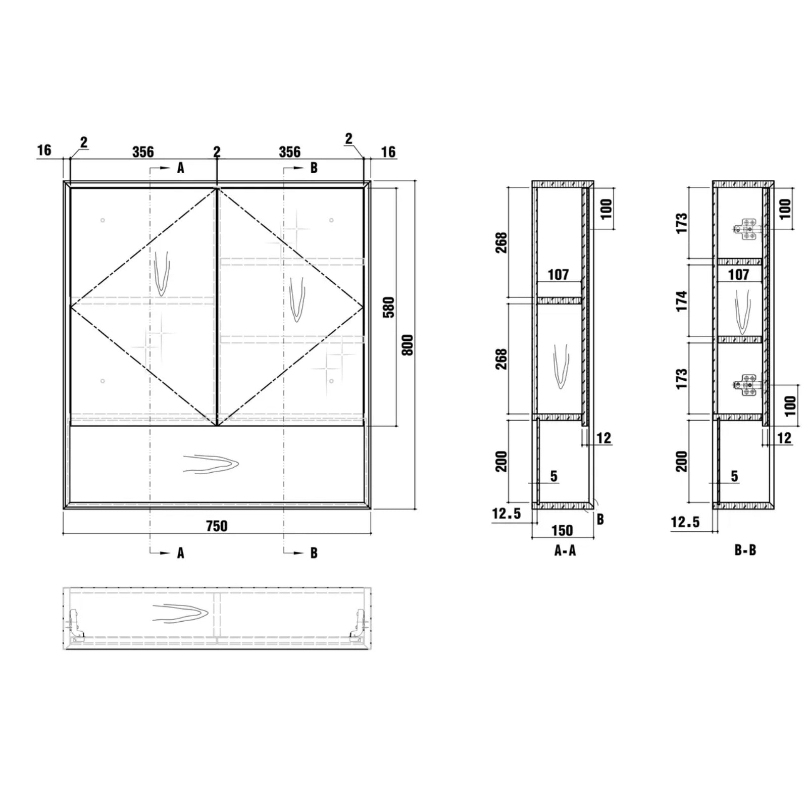 Technical Drawing Otti Byron Shaving Cabinet - Woodland Oak BYWSV750L - The Blue Space