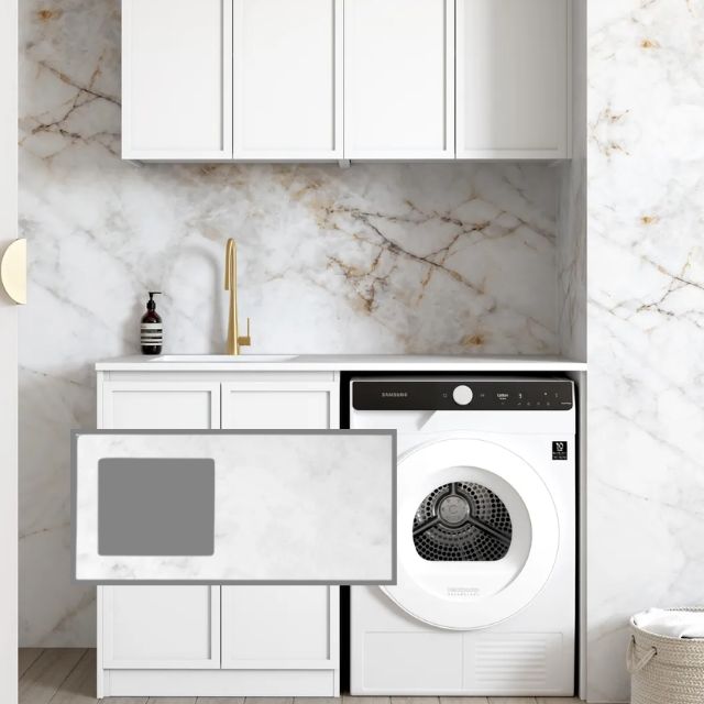 Otti Hampshire 1305mm Laundry Set B - White with Cloudy Carrara Solid Surface Stone Top LA-1305B-BOHW-CA-KIT | The Blue Space