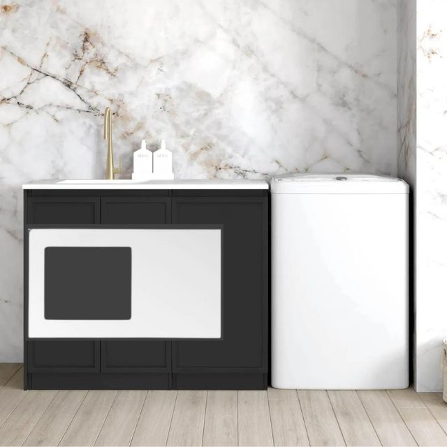 Otti Hampshire Black 1060mm Laundry Cabinet Set Matte White Solid Surface LA-1060-BOHB-MW-KIT | The Blue Space