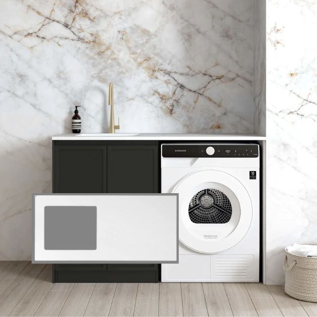 Otti Hampshire Black 1300mm Laundry Cabinet Set with Matte White Solid Surface Stone Top LA-1300-BOHB-MW-KIT | The Blue Space