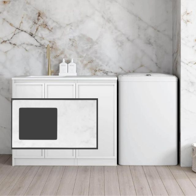 Otti Hampshire White 1060mm Laundry Cabinet Set Cloudy Carrara Solid Surface LA-1060-BOHW-CA-KIT | The Blue Space