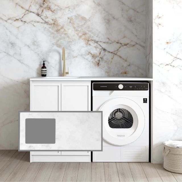 Otti Hampshire White 1300mm Laundry Cabinet Set with Cloudy Carrara Solid Surface Stone Top LA-1300-BOHW-CA-KIT | The Blue Space