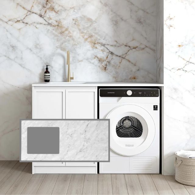 Otti Hampshire White 1300mm Laundry Cabinet Set with Natural Carrara Marble Stone Top LA-1300-BOHW-NCA-KIT | The Blue Space