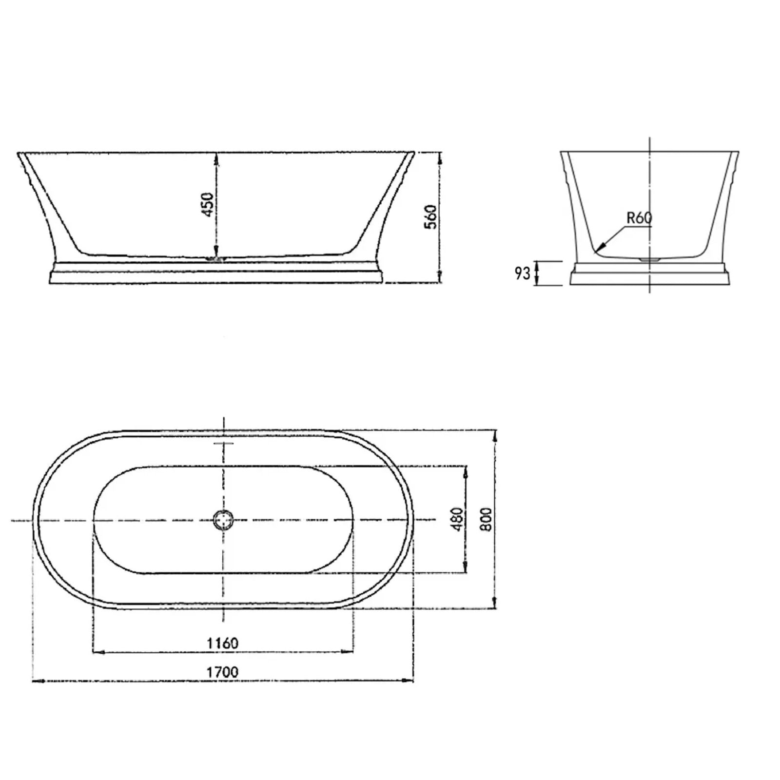 Technical Drawing Otti Hampton 1700x800x560 Gloss White Bathtub With Overflow OCBT-1700-OF - The Blue Space