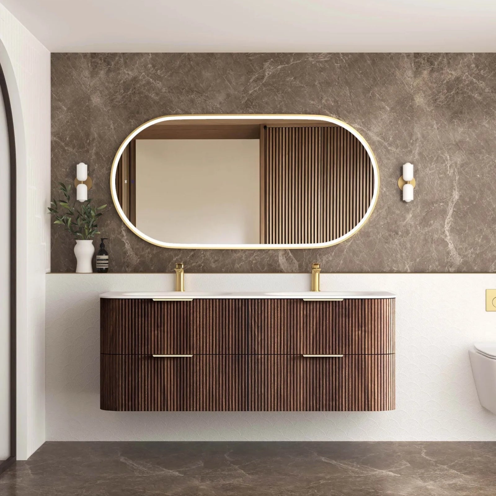 Front Otti Havana Fluted Curved Sable Walnut Wall Hung Vanity with Chloe Silk Top HA1500SWMT-CS - The Blue Space