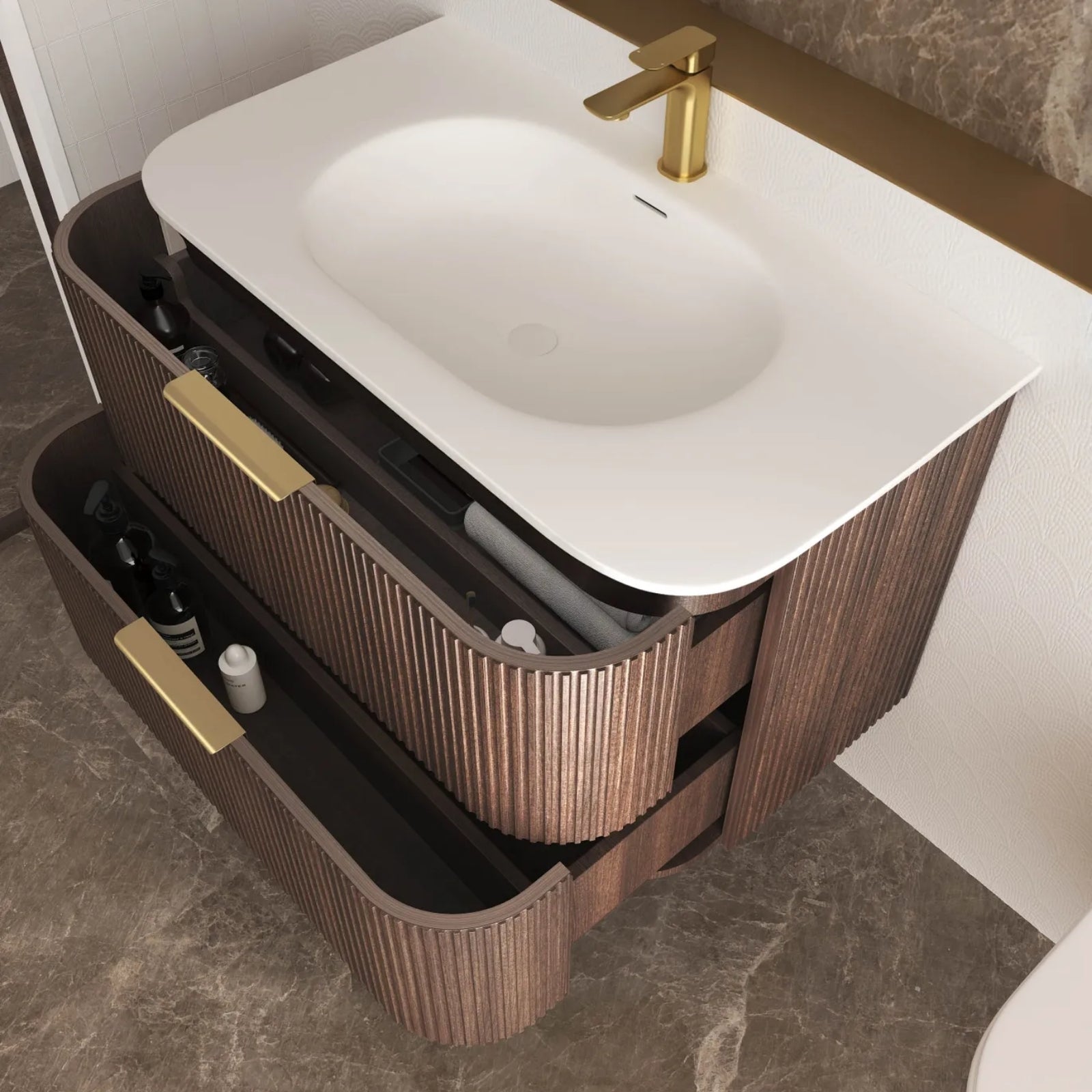 Otti Havana Fluted Curved Sable Walnut Wall Hung Vanity with Chloe Silk Top HA600SWMT-CS - The Blue Space