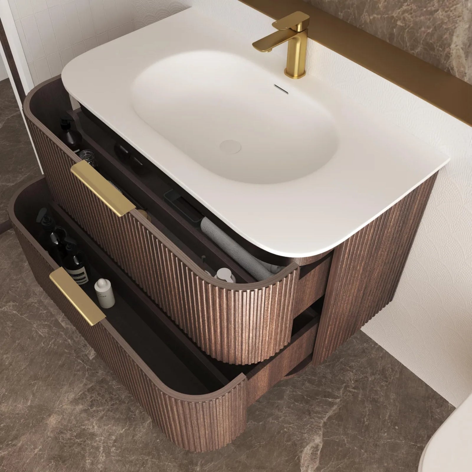 Angle Otti Havana Fluted Curved Sable Walnut Wall Hung Vanity with Chloe Silk Top HA750SWMT-CS - The Blue Space