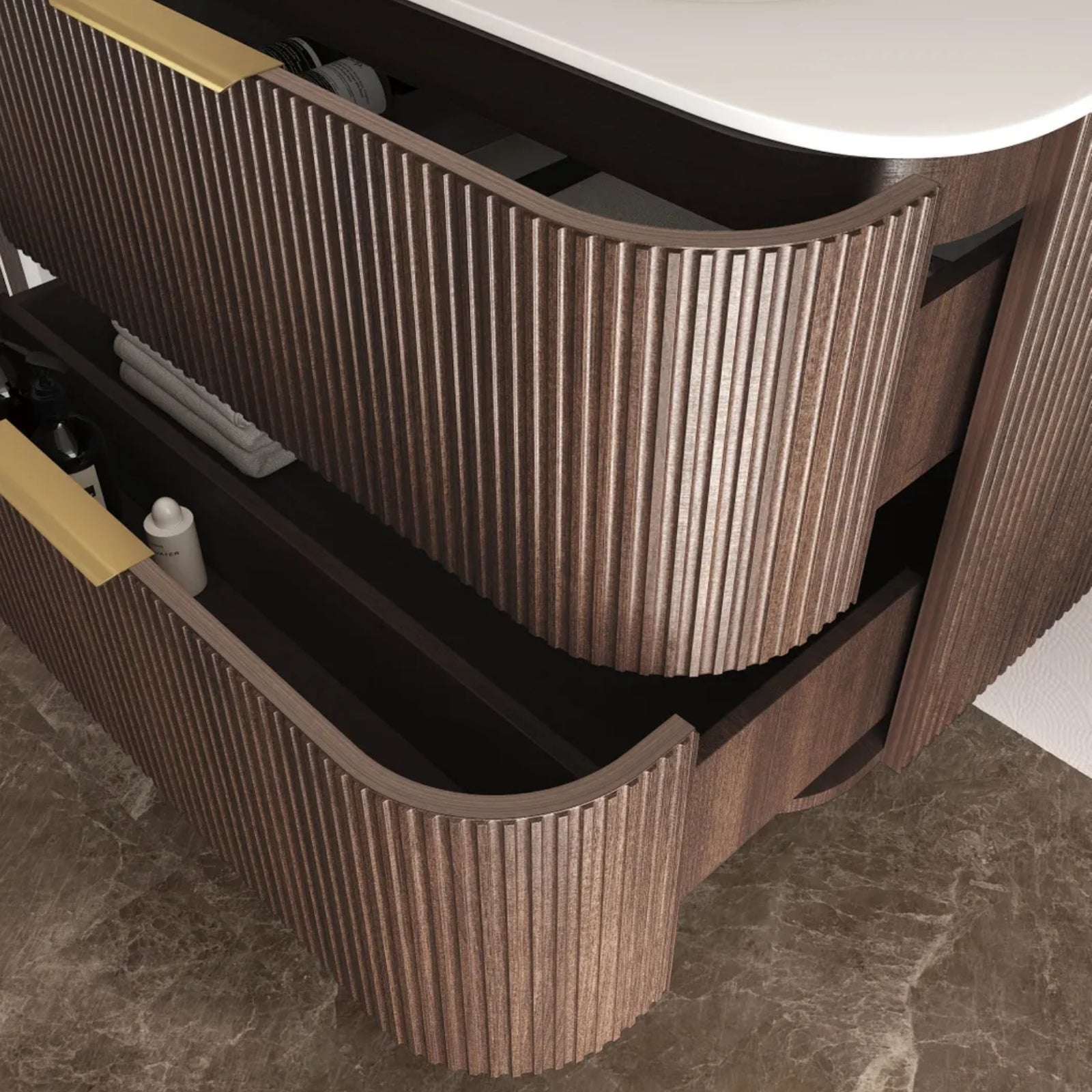 Drawer Otti Havana Fluted Curved Sable Walnut Wall Hung Vanity with Chloe Silk Top HA750SWMT-CS - The Blue Space