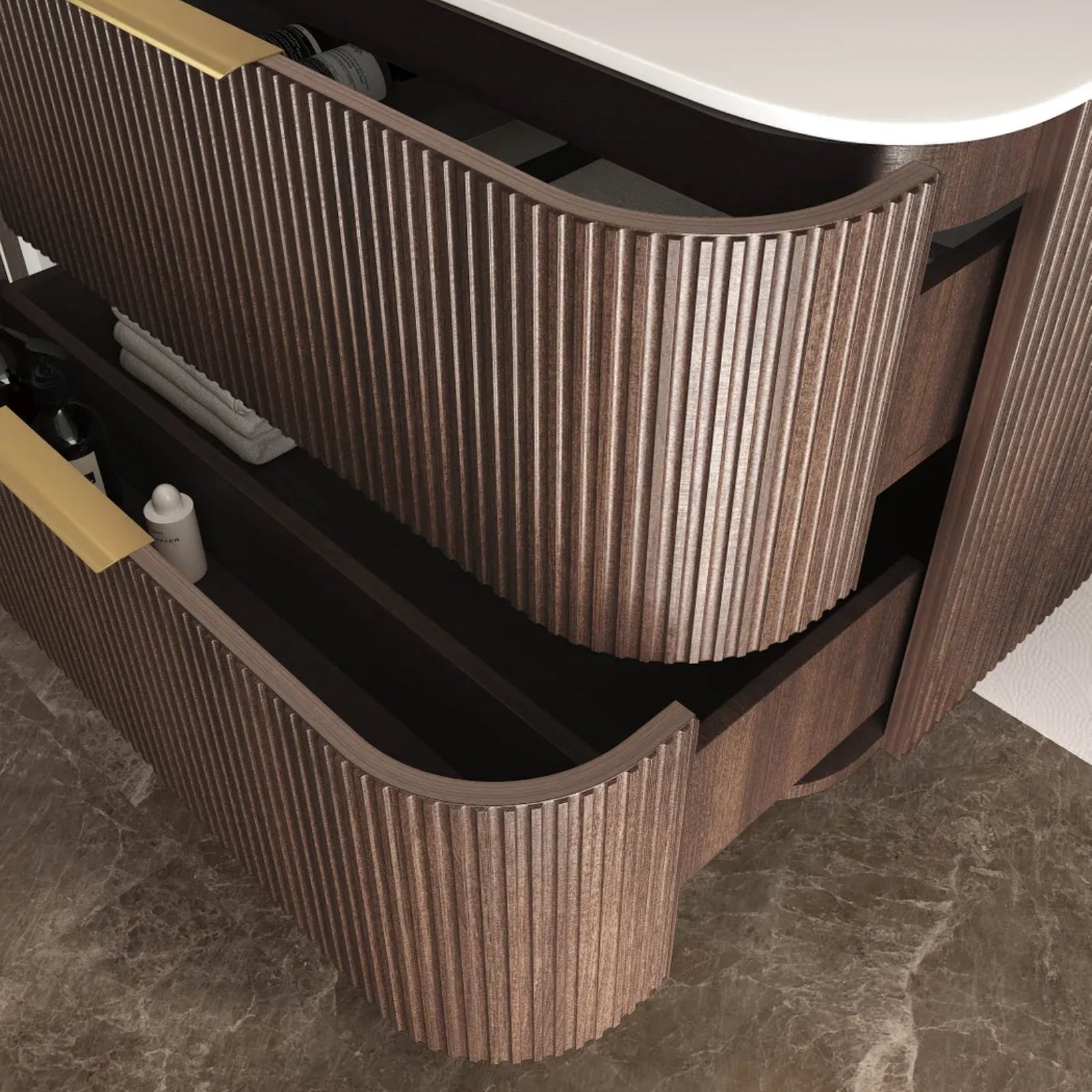 Drawer Otti Havana Fluted Curved Sable Walnut Wall Hung Vanity with Chloe Silk Top HA900SWMT-CS - The Blue Space