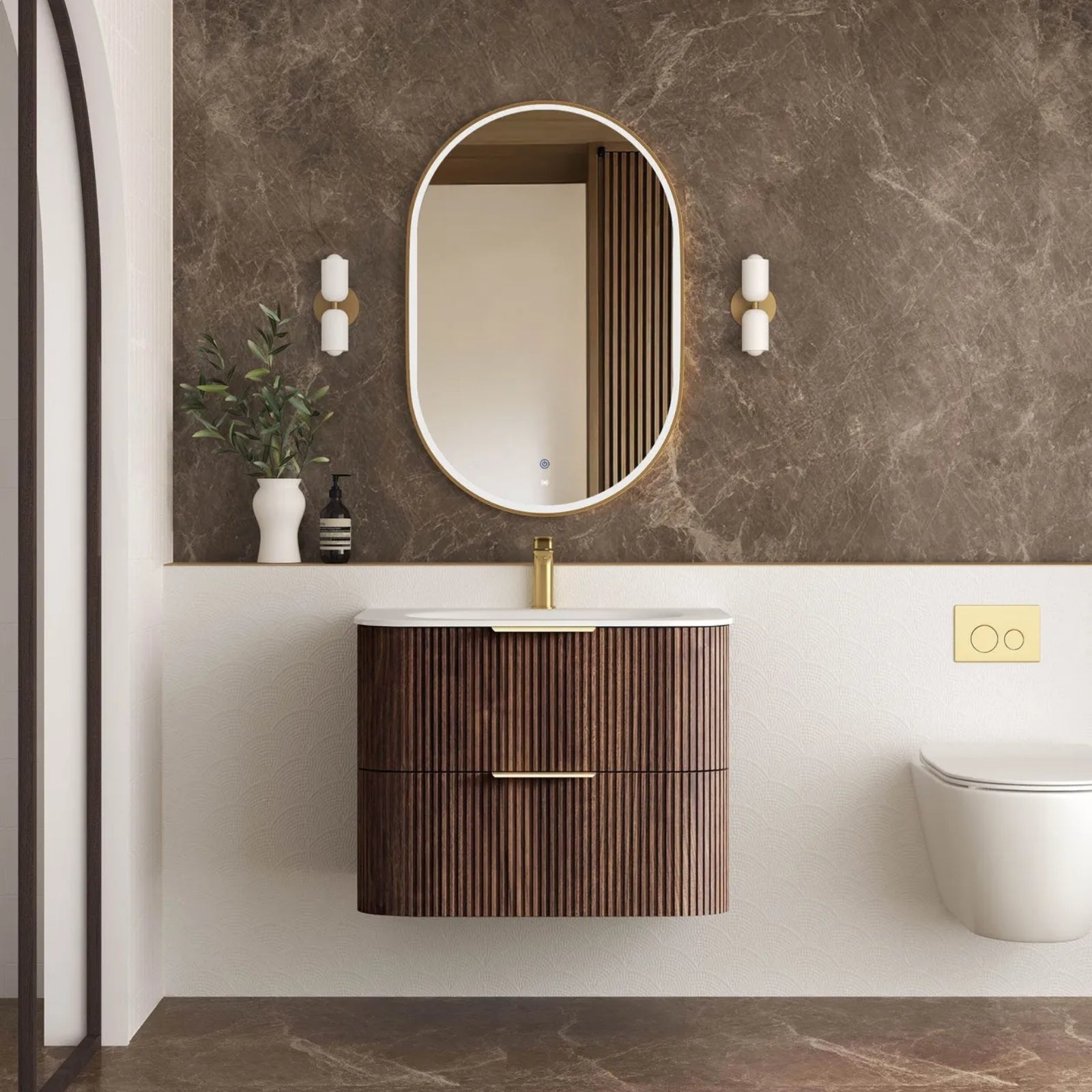 Front Otti Havana Fluted Curved Sable Walnut Wall Hung Vanity with Chloe Silk Top HA750SWMT-CS - The Blue Space