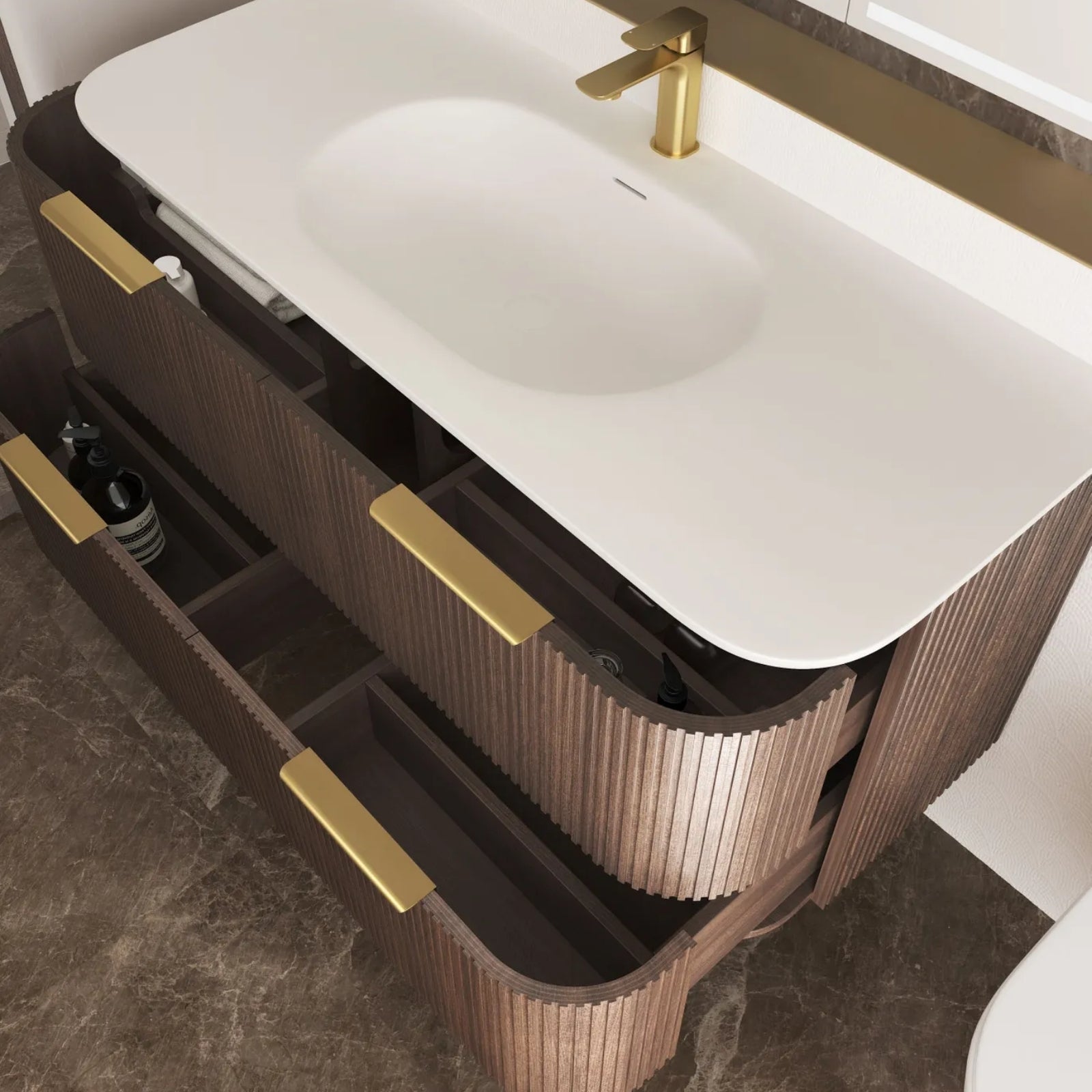 Angle Otti Havana Fluted Curved Sable Walnut Wall Hung Vanity with Chloe Silk Top HA1200SWMT-CS - The Blue Space