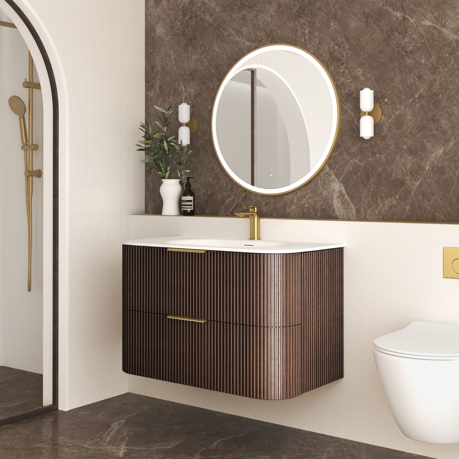 Angle Otti Havana Fluted Curved Sable Walnut Wall Hung Vanity with Chloe Silk Top HA900SWMT-CS - The Blue Space