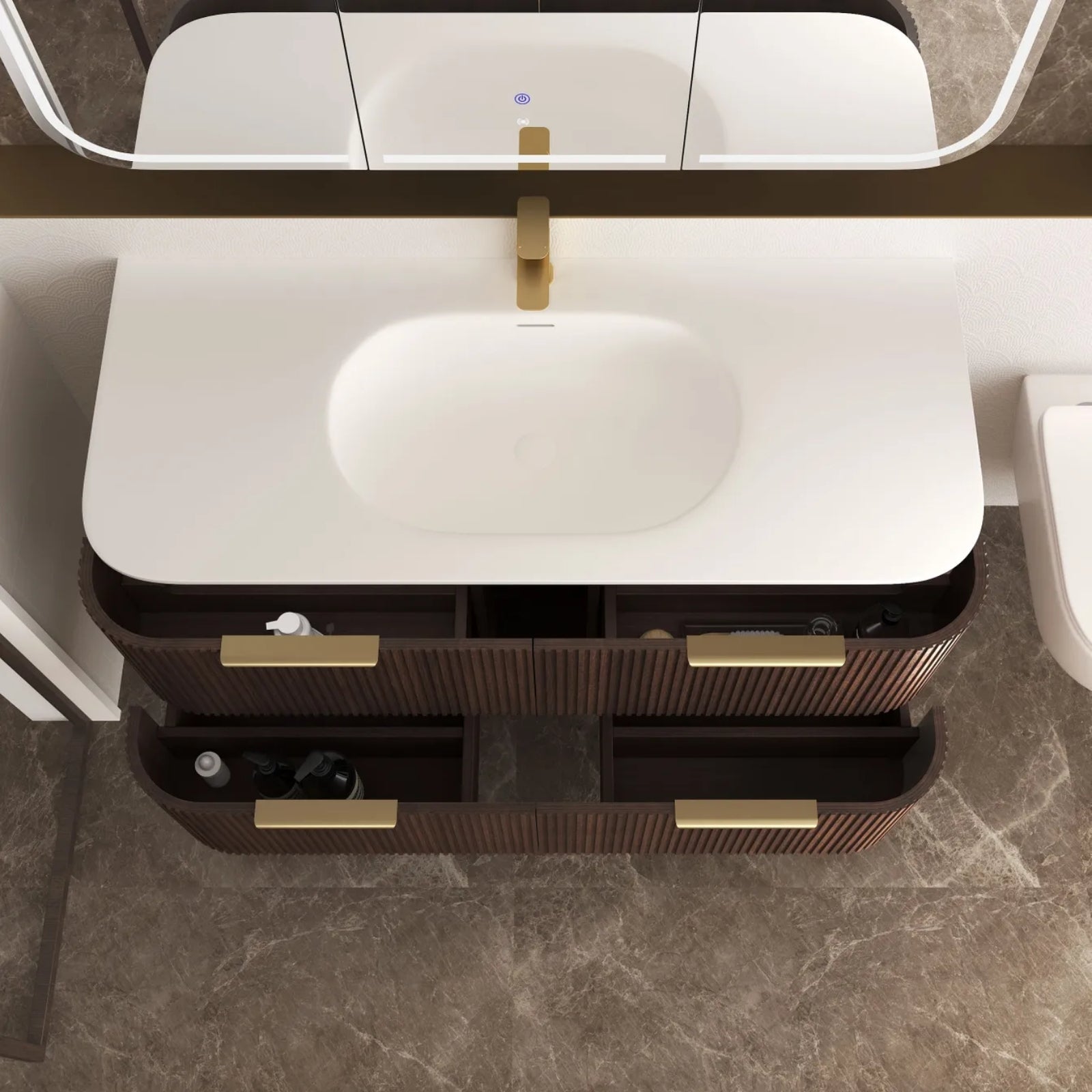 Top View Otti Havana Fluted Curved Sable Walnut Wall Hung Vanity with Chloe Silk Top HA1200SWMT-CS - The Blue Space