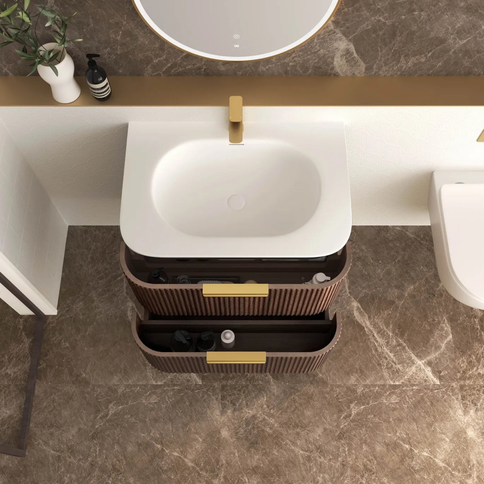 Top View Otti Havana Fluted Curved Sable Walnut Wall Hung Vanity with Chloe Silk Top HA750SWMT-CS - The Blue Space