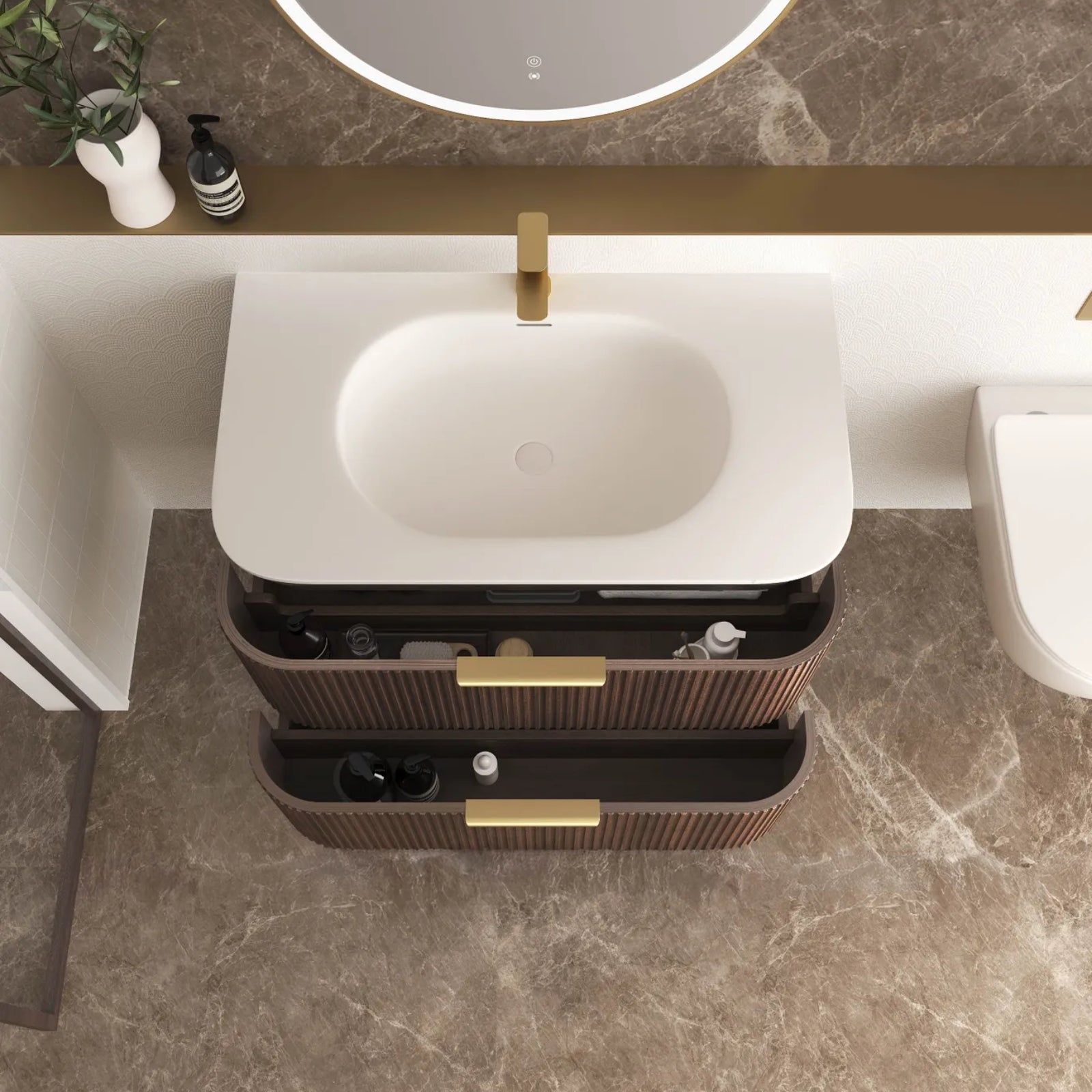 Top View Otti Havana Fluted Curved Sable Walnut Wall Hung Vanity with Chloe Silk Top HA900SWMT-CS - The Blue Space