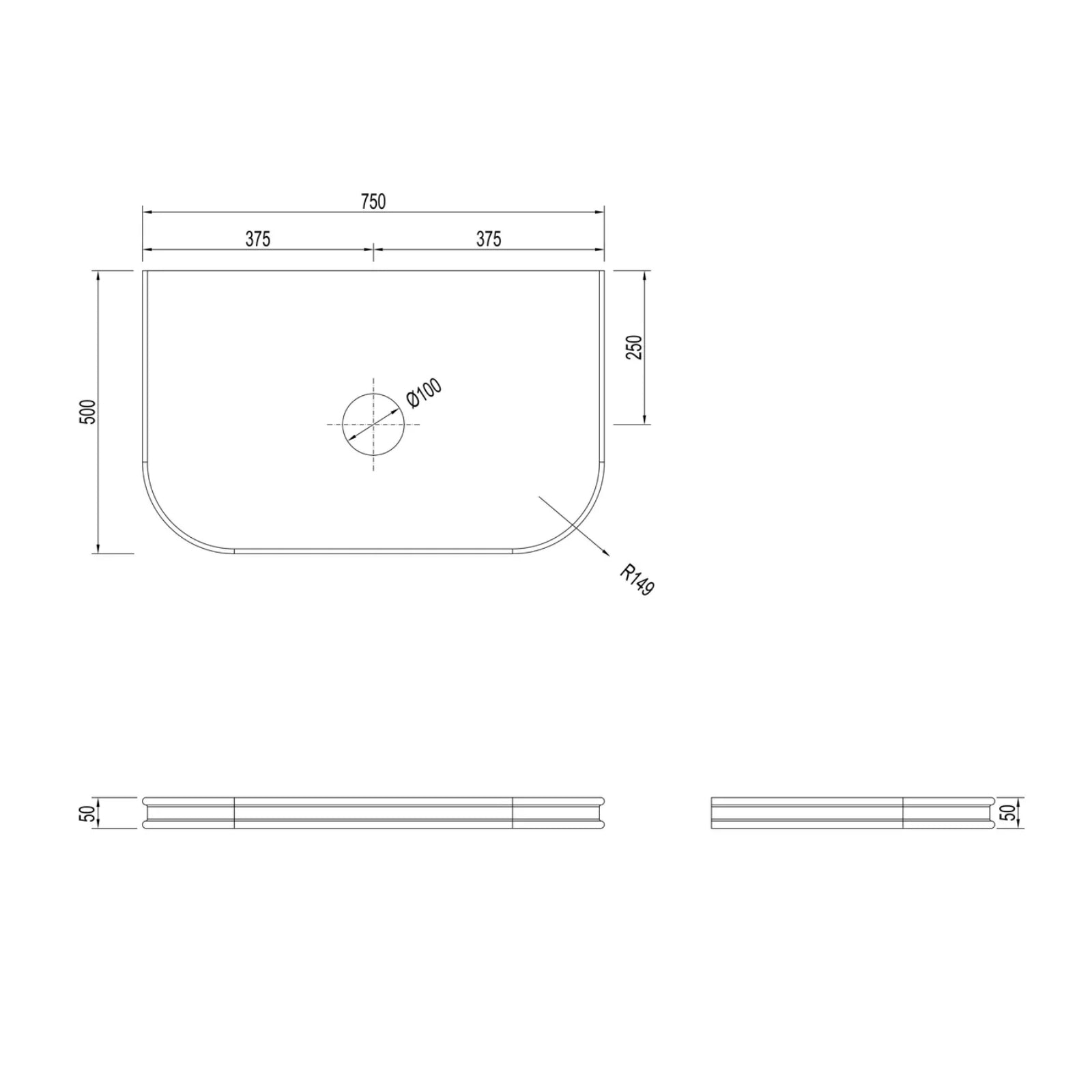 Technical Drawing Otti Havana Fluted Curved Sable Walnut Wall Hung Vanity with Stone Top HA750SWST-SD - The Blue Space