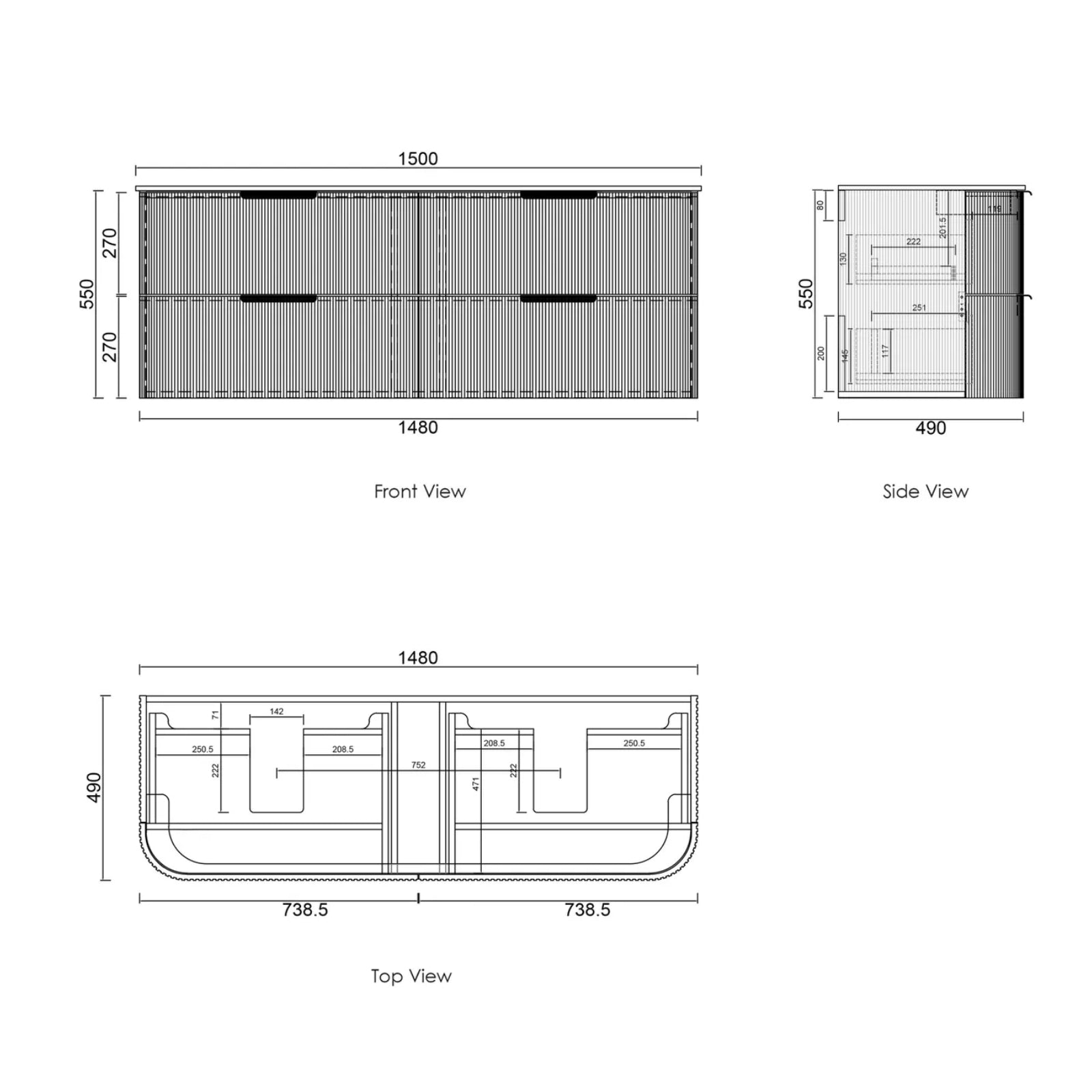 Technical Drawing Otti Havana Fluted Curved Sable Walnut Wall Hung Vanity with Stone Top HA1500SWST-SD - The Blue Space