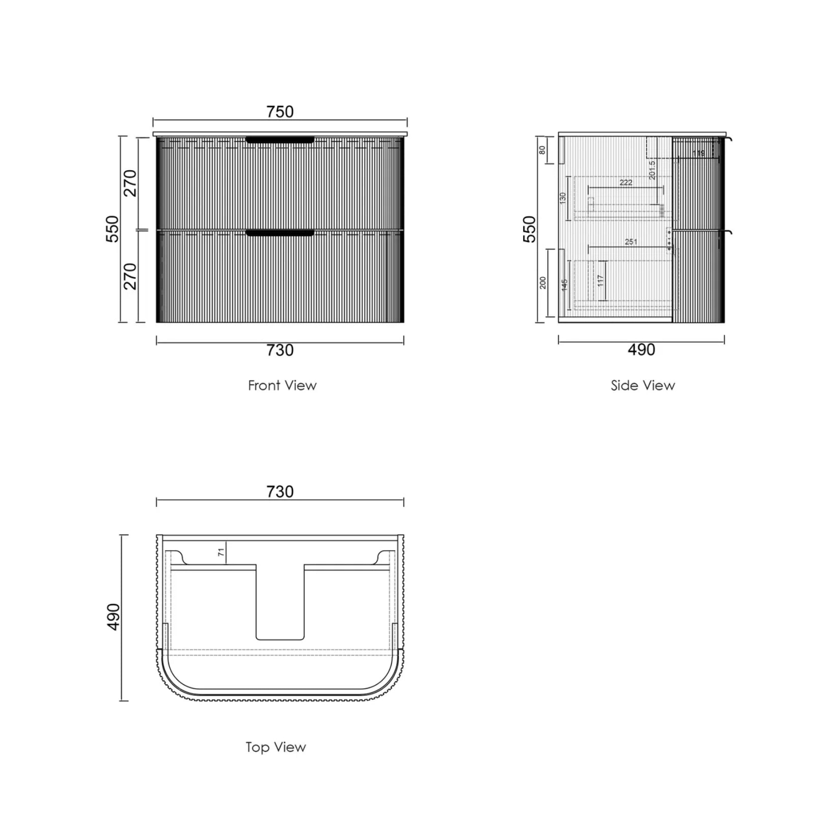 Technical Drawing Otti Havana Fluted Curved Sable Walnut Wall Hung Vanity with Stone Top HA750SWST-SD - The Blue Space