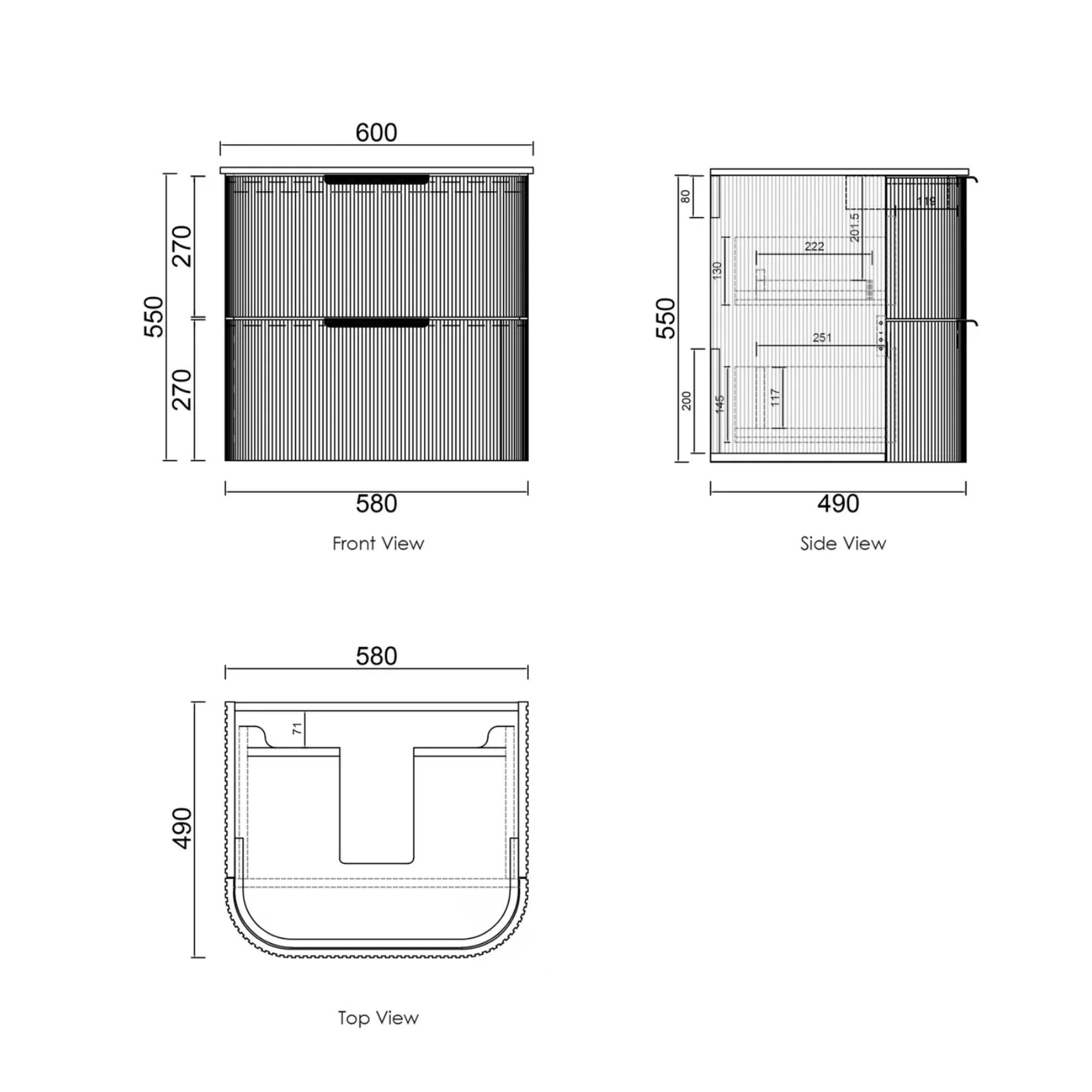 Technical Drawing Otti Havana Fluted Curved Sable Walnut Wall Hung Vanity with Chloe Silk Top HA600SWMT-CS - The Blue Space