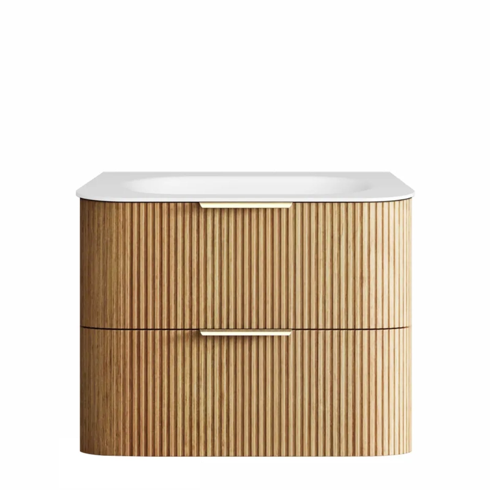 Otti Havana Fluted Curved Wall Hung Vanity with Chloe Silk Top - Woodland Oak 750mm Centre Bowl HAW750LMT-CS | The Blue Space