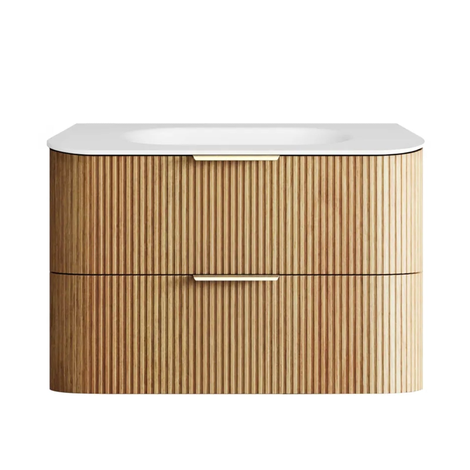 Otti Havana Fluted Curved Wall Hung Vanity with Chloe Silk Top - Woodland Oak 900mm Centre Bowl HAW900LMT-CS | The Blue Space