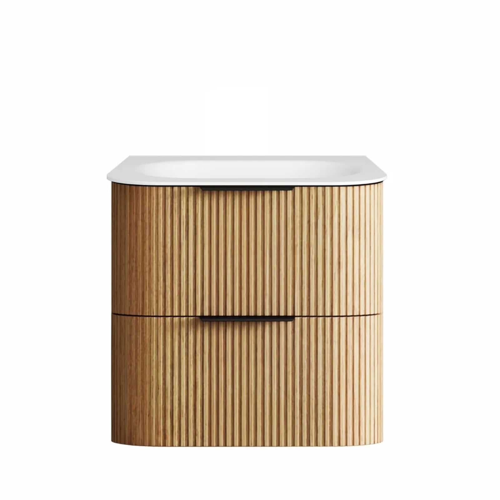 Front Otti Havana Fluted Curved Wall Hung Vanity with Chloe Silk Top - Woodland Oak HAW600LMT-CS - The Blue Space