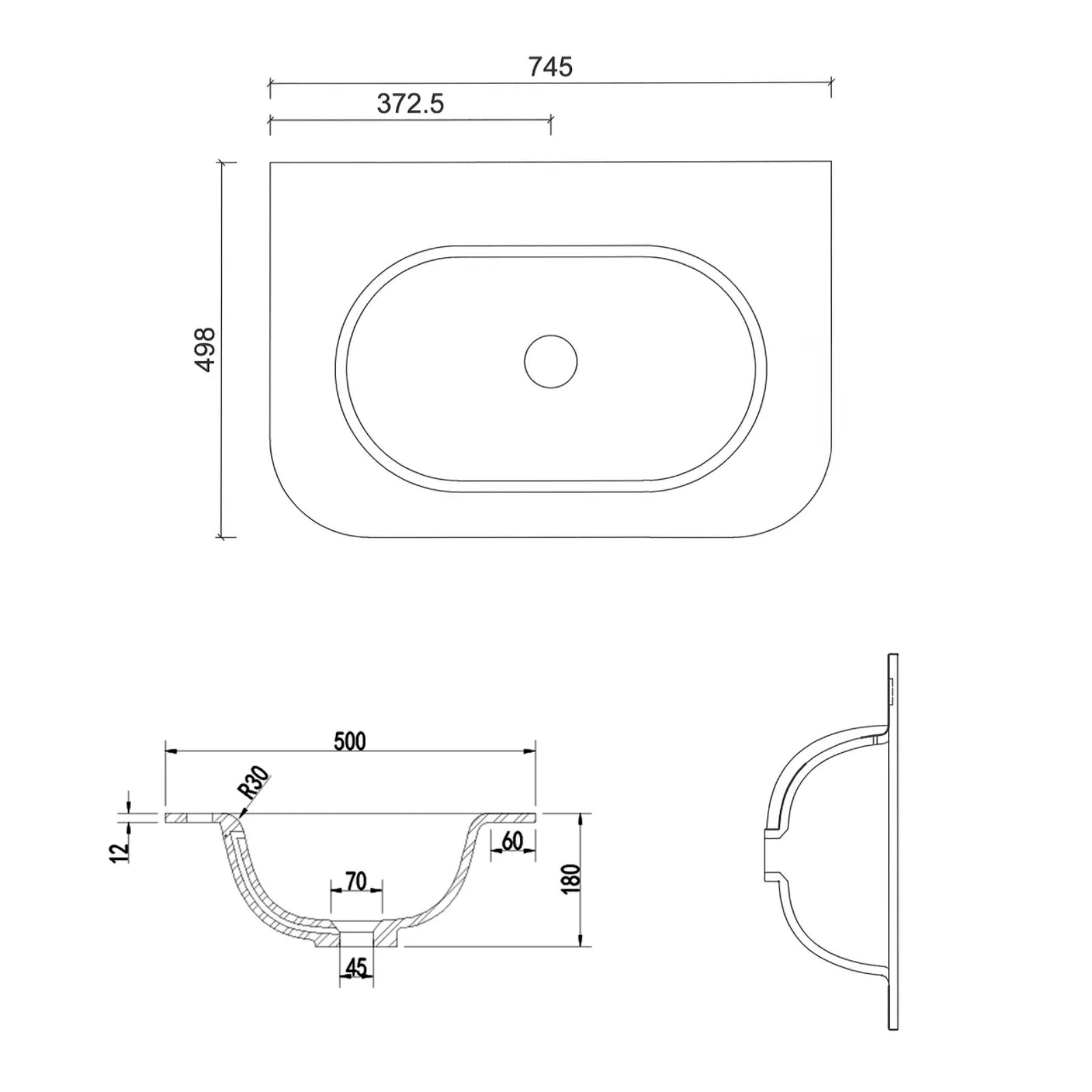 Benchtop Technical Drawing Otti Havana Fluted Curved Wall Hung Vanity with Chloe Silk Top - Woodland Oak HAW750LMT-CS - The Blue Space