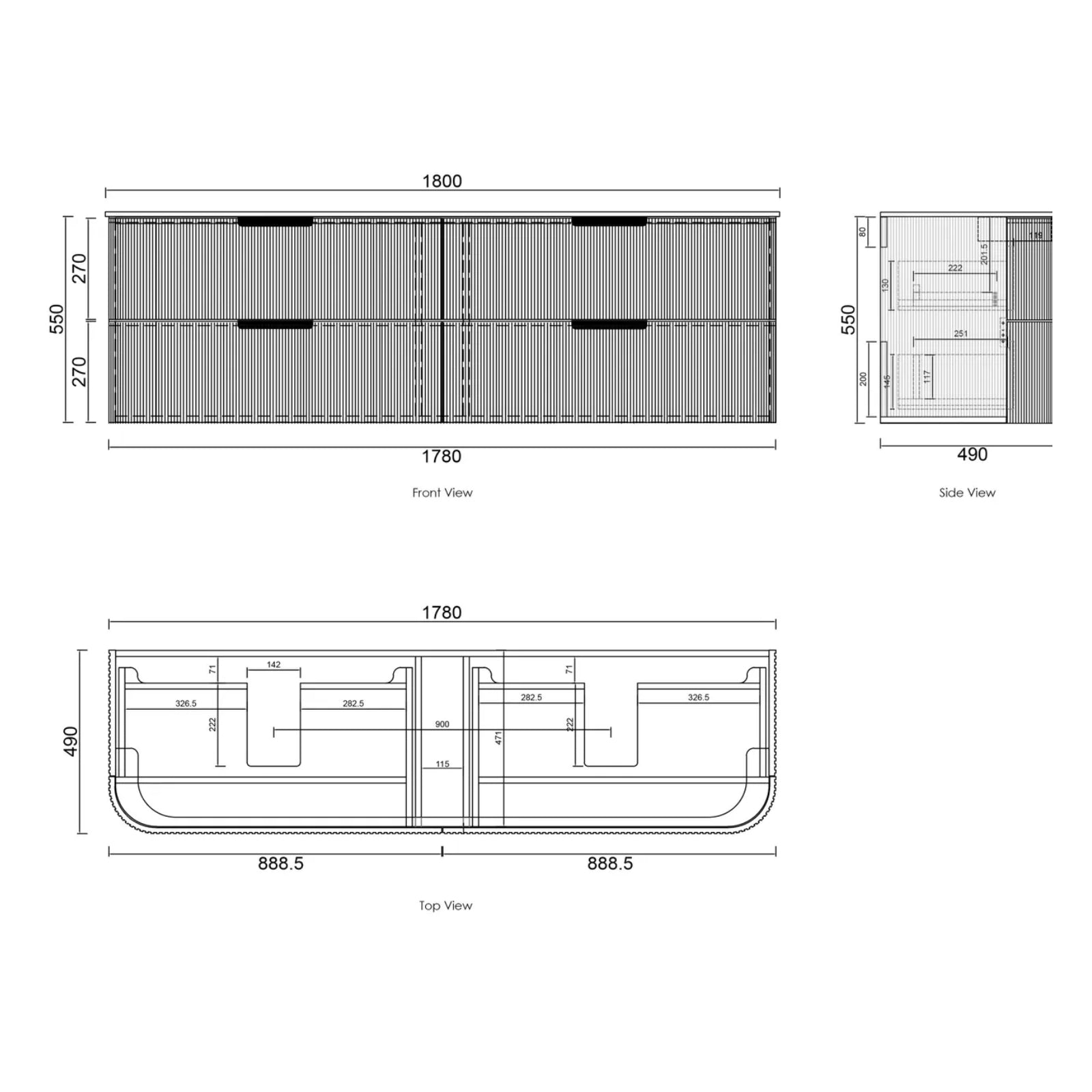 Technical Drawing Otti Havana Fluted Curved Wall Hung Vanity with Moulded Top - Woodland Oak HAW1800LMT-RB - The Blue Space