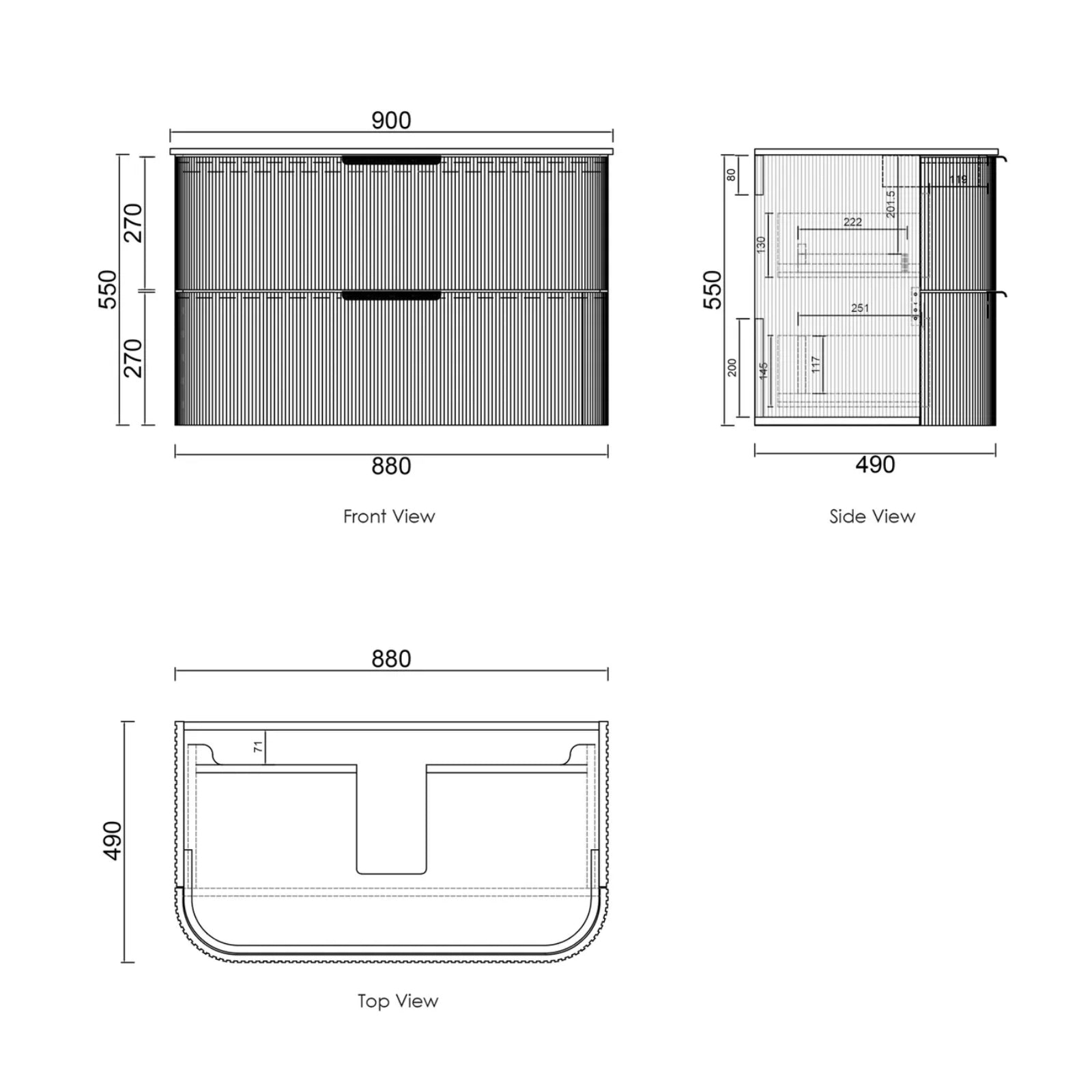 technical Drawing Otti Havana Fluted Curved Wall Hung Vanity with Moulded Top - Woodland Oak HAW900LMT-RB - The Blue Space