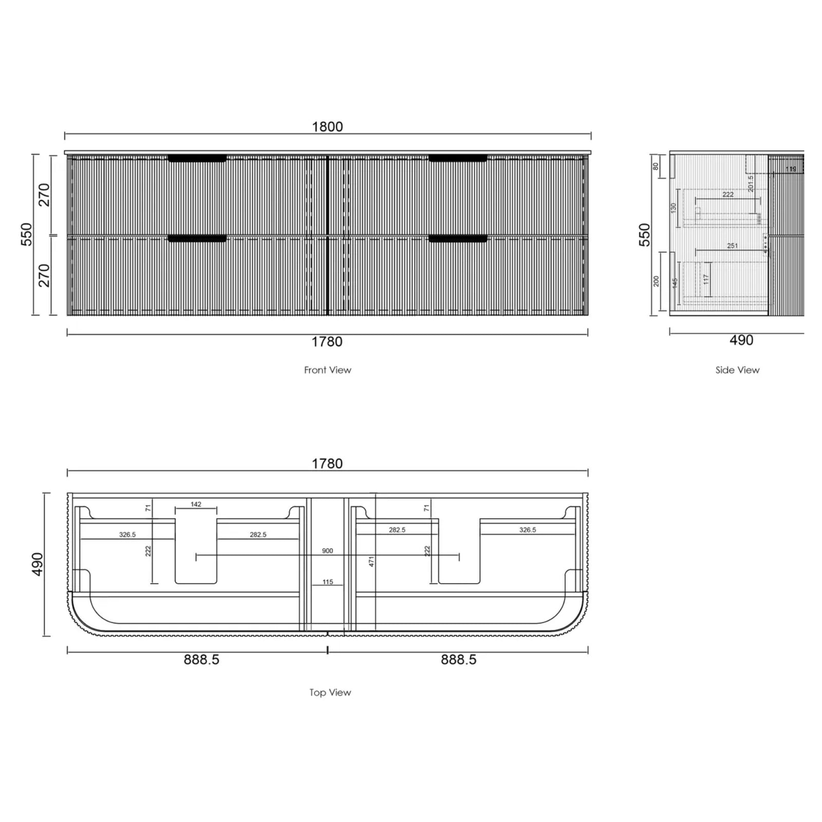 Technical Drawing Otti Havana Fluted Curved Wall Hung Vanity with Stone Top - Woodland Oak HAW1800LST-CA - The Blue Space
