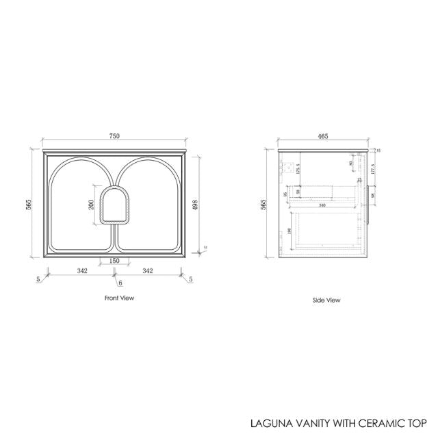 Otti Laguna Mk II Black Oak Wall Hung Vanity with Ceramic Top - 750mm Single Basin - Cabinet Technical Drawing LGM750BCT | The Blue Space