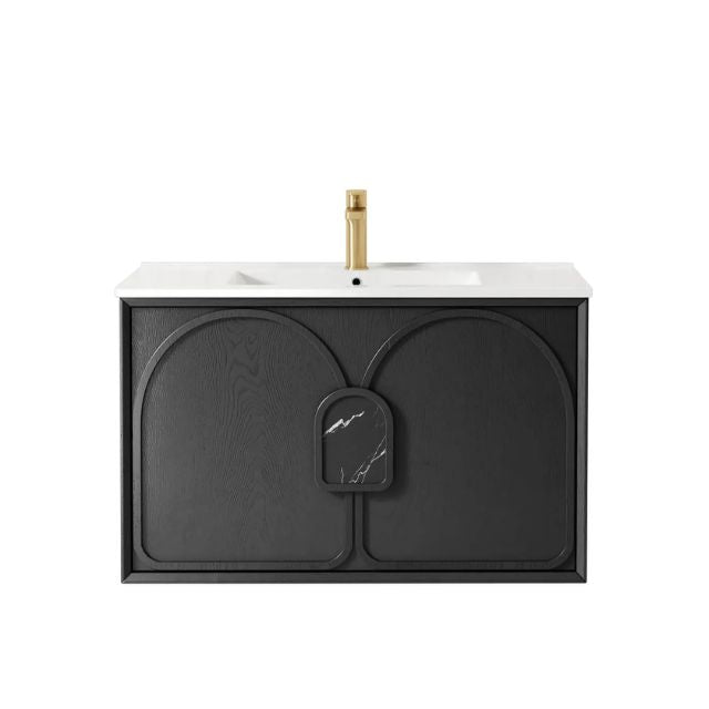 Otti Laguna Mk II Black Oak Wall Hung Vanity with Ceramic Top - 900mm Single Basin LGM900BCT | The Blue Space