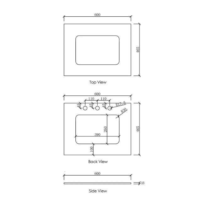 Otti Laguna Mk II Black Oak Wall Hung Vanity with Cloudy Carrara Top - 600mm Single Basin - Stone Top Technical Drawing LGM600BSTUD-CA | The Blue Space