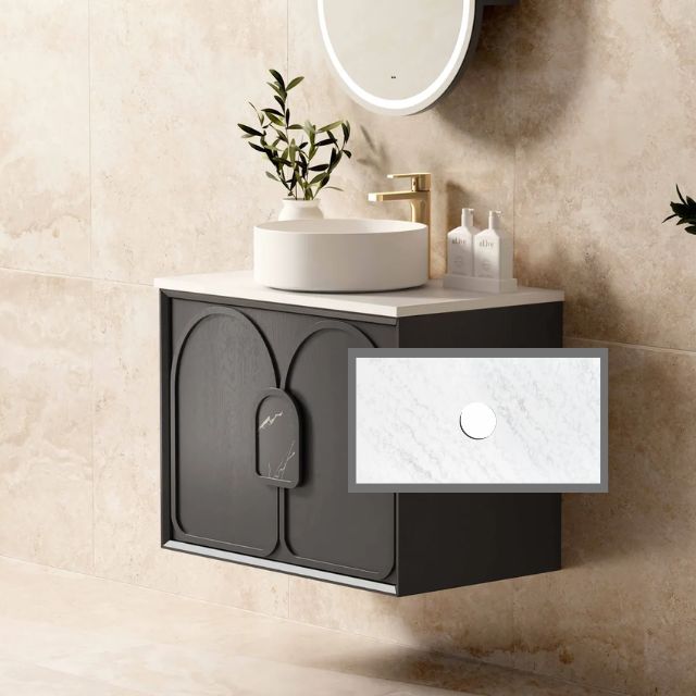 Otti Laguna Mk II Black Oak Wall Hung Vanity with Cloudy Carrara Top - 750mm Single Basin LGM750BSTUD-CA | The Blue Space