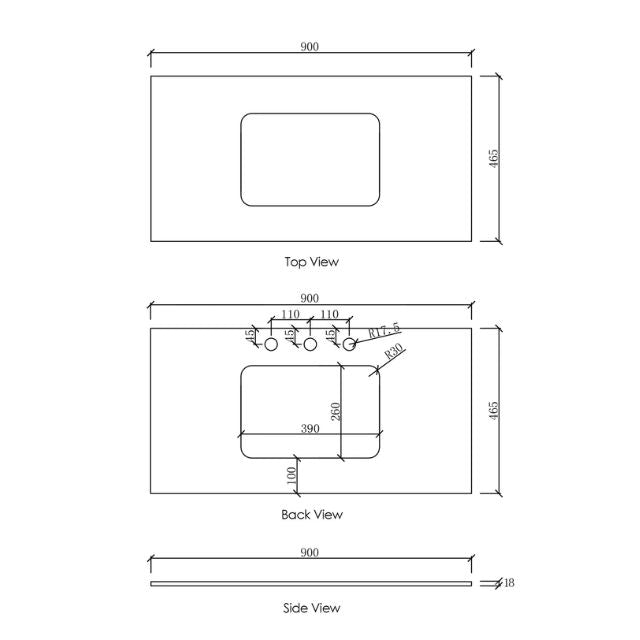 Otti Laguna Mk II Black Oak Wall Hung Vanity with Cloudy Carrara Top - 900mm Single Basin - Stone Top Technical Drawing LGM900BSTUD-CA | The Blue Space