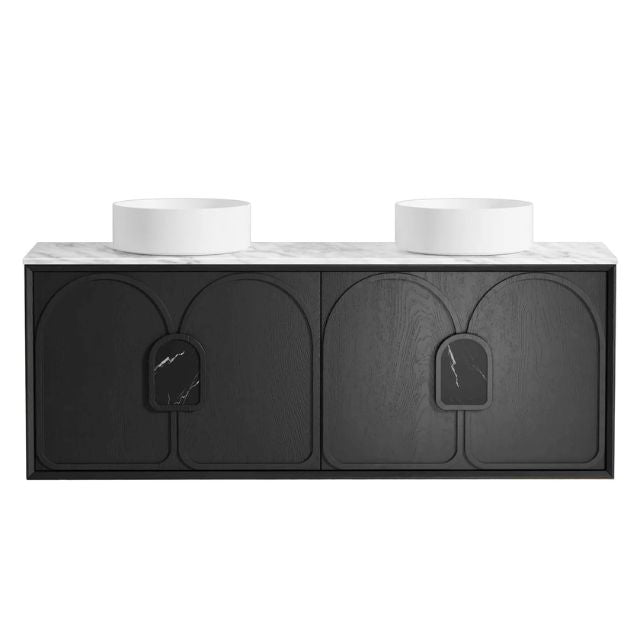 Otti Laguna Mk II Black Oak Wall Hung Vanity with Natural Carrara Marble Top - 1500mm Double Basin LGM1500BSTUD-NCA | The Blue Space