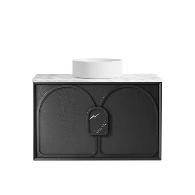 Otti Laguna Mk II Black Oak Wall Hung Vanity with Natural Carrara Marble Top - 900mm Single Basin LGM900BSTUD-NCA | The Blue Space