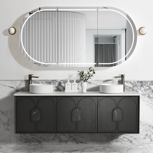 Otti Laguna Mk II Black Oak Wall Hung Vanity with Pure White Top - 1800mm Double Basin LGM1800BSTUD-PW | The Blue Space